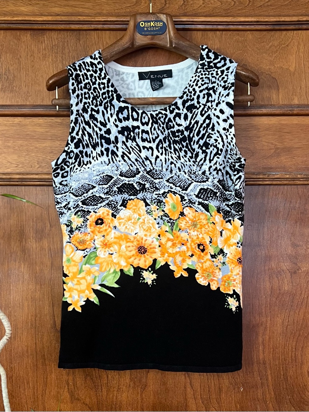 Vintage Black & White Animal and Bright Floral Print Sleeveless Tank Top